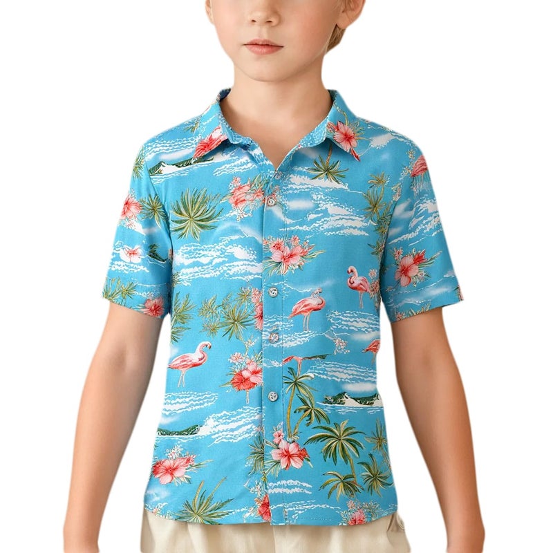 SSLR Big Boys Hawaiian Shirt Flamingos Button Down Shirt Short Sleeve Luau Shirt for Kids (X-Large, Blue) - Image 1